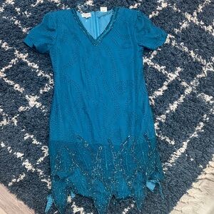 vintage 100% silk teal floral sequin dress